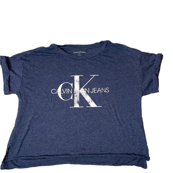 Calvin Klein Jeans brand gray/navy rolled cuff sleeve cropped T-Shirt SZ M - Picture 1 of 7